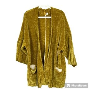 Anthropologie Moth Chenille Knit Cardigan Sweater Large Mustard Yellow Oversized